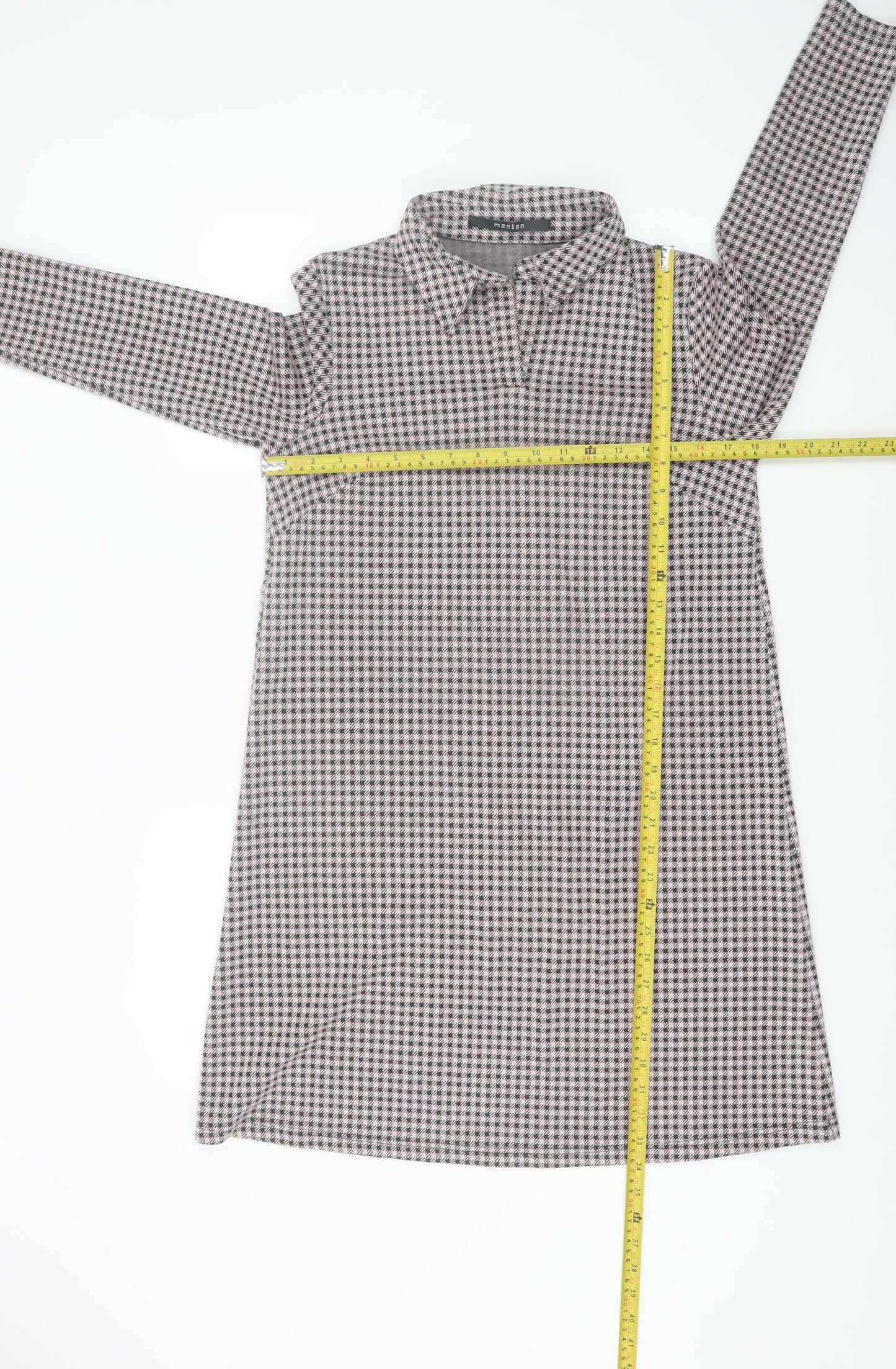 Monton Women Black & White Houndstooth Collared Long Sleeve Shift Dress UK10