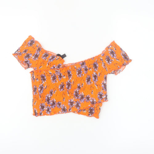 Topshop Women’s Orange Floral Cropped Off Shoulder Cotton Blouse Size 10