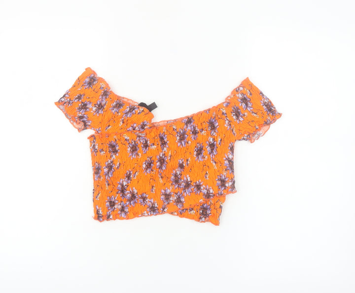 Topshop Women’s Orange Floral Cropped Off Shoulder Cotton Blouse Size 10