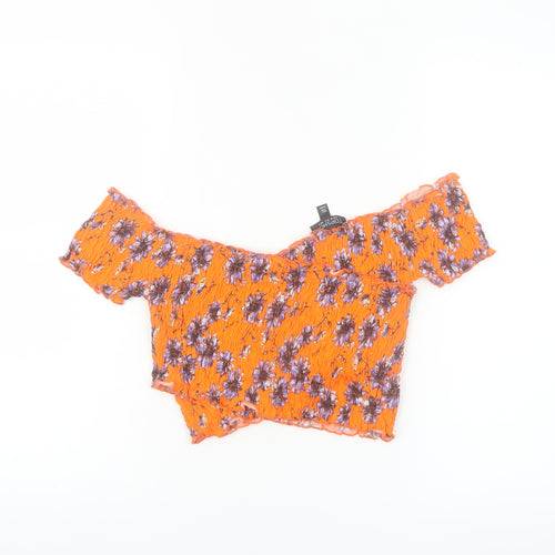 Topshop Women’s Orange Floral Cropped Off Shoulder Cotton Blouse Size 10