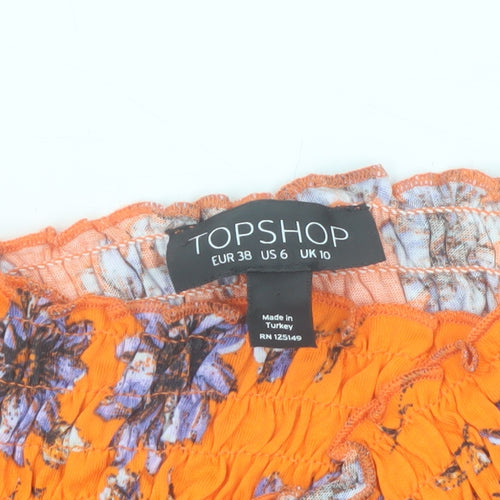 Topshop Women’s Orange Floral Cropped Off Shoulder Cotton Blouse Size 10