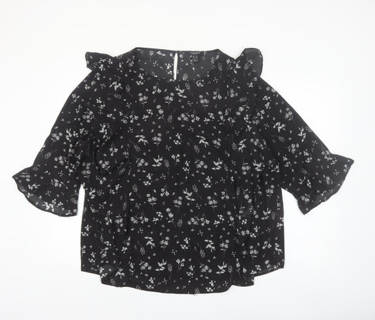 New Look Women Black Floral Ruffle Blouse Size 24 Plus Chiffon Top