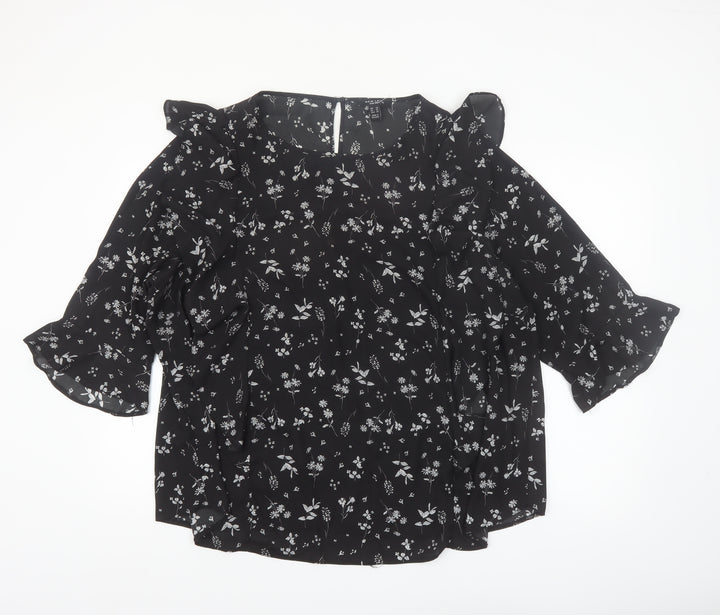 New Look Women Black Floral Ruffle Blouse Size 24 Plus Chiffon Top