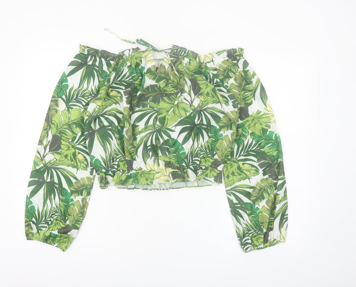 Guess Women's Green Tropical Cropped Off Shoulder Blouse Size L