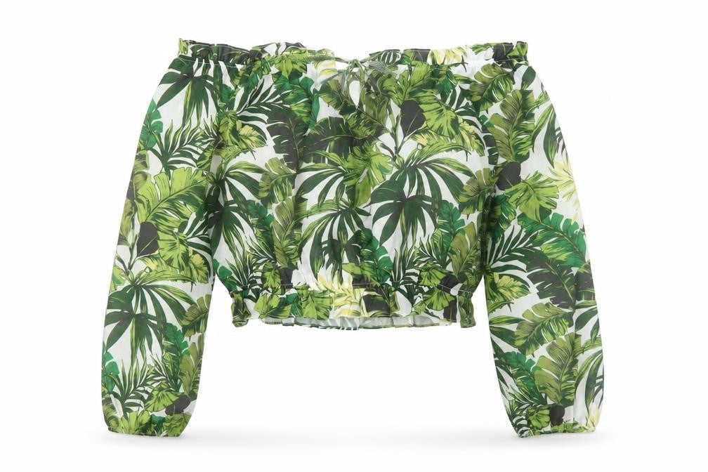 Front view of Guess Women's Green Tropical Cropped Off Shoulder Blouse, size L