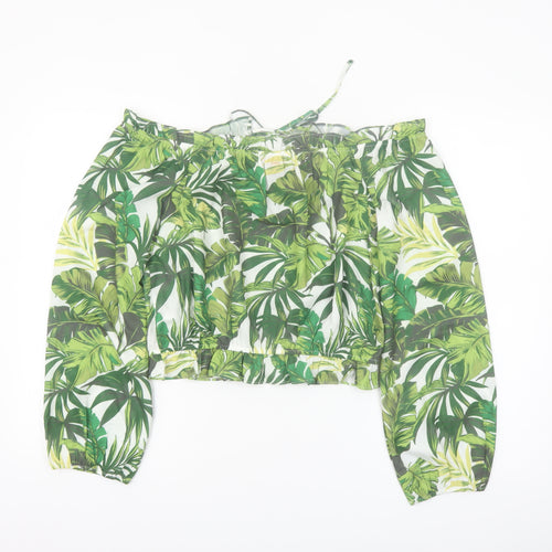 Guess Women's Green Tropical Cropped Off Shoulder Blouse Size L