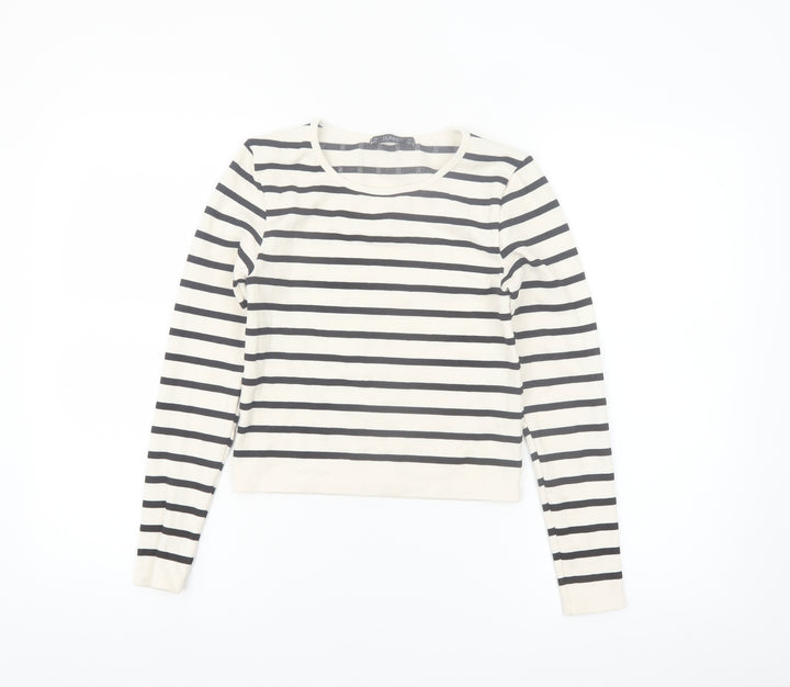 Dunnes Women's White Striped Long Sleeve Jersey T-Shirt Size M
