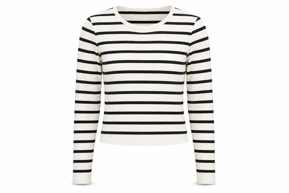 Front view of Dunnes Women's White Striped Long Sleeve Jersey T-Shirt, size M