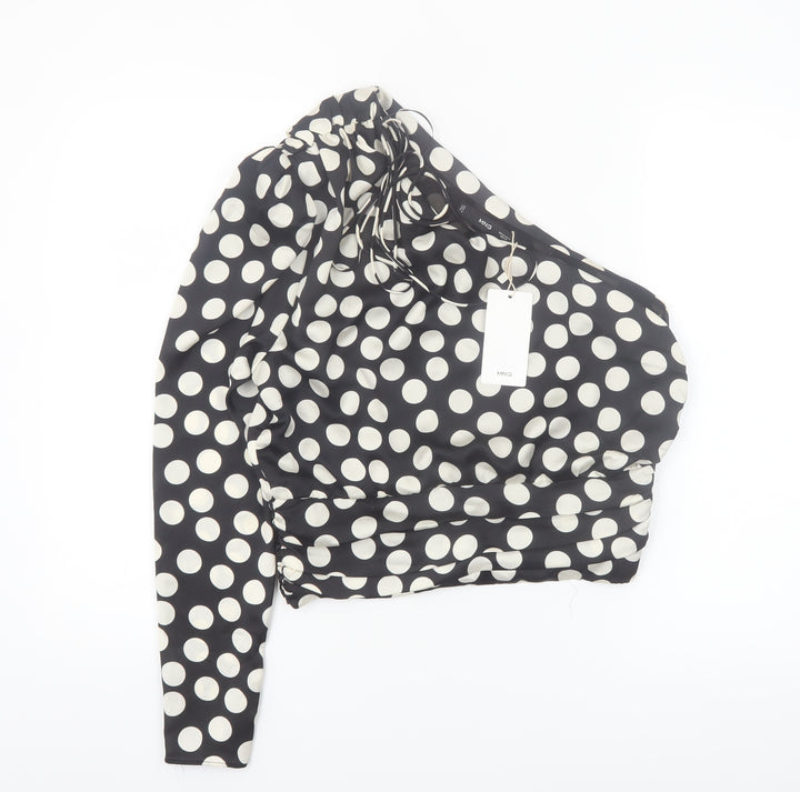 MNG Women Black Polka Dot One Shoulder Cropped Blouse Size 10