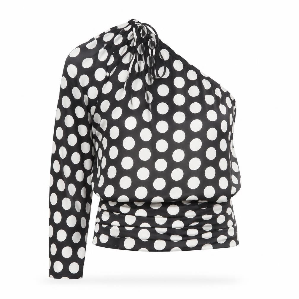 Front view of Mango Women Black Polka Dot One Shoulder Cropped Blouse, size 10