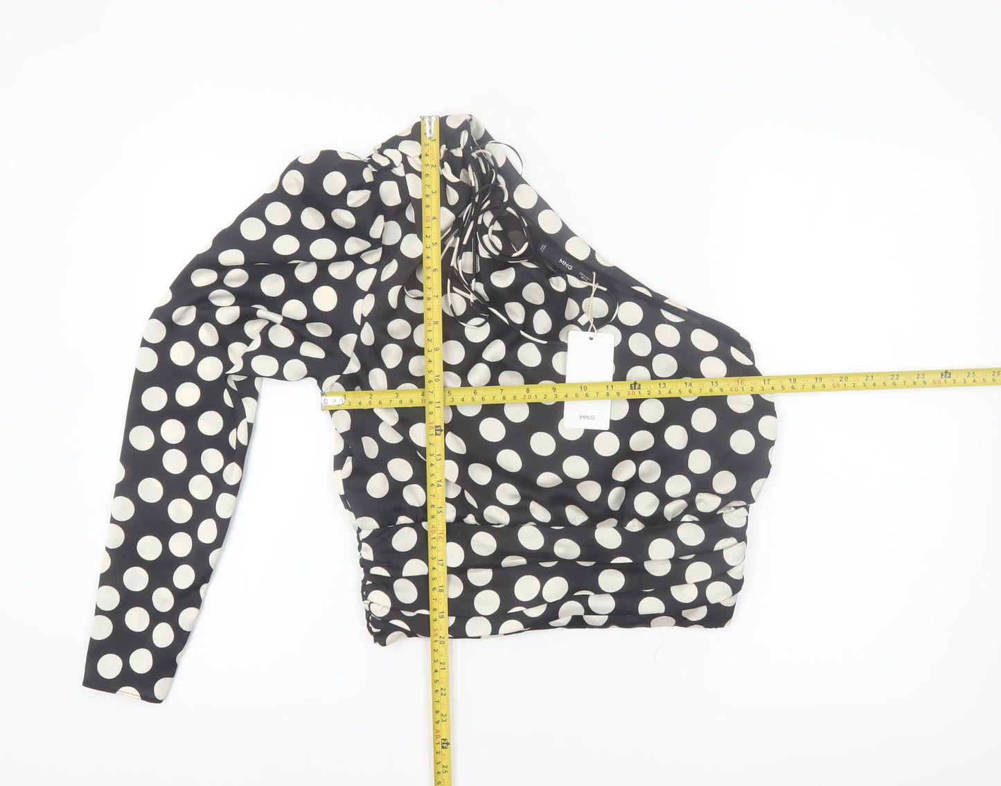 MNG Women Black Polka Dot One Shoulder Cropped Blouse Size 10