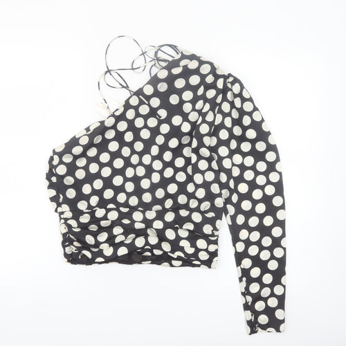 MNG Women Black Polka Dot One Shoulder Cropped Blouse Size 10