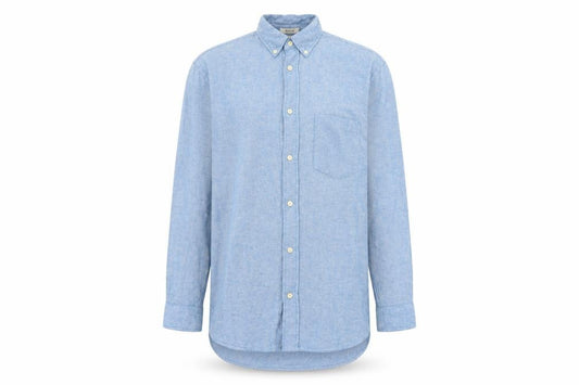 Front view of H&M Men's Blue Regular Fit Cotton Long Sleeve Button-Up Shirt, size M