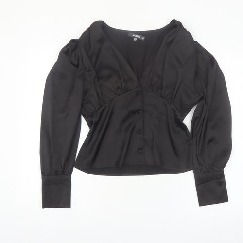 Missguided Women's Black Satin Wrap Blouse UK 10 Long Sleeve