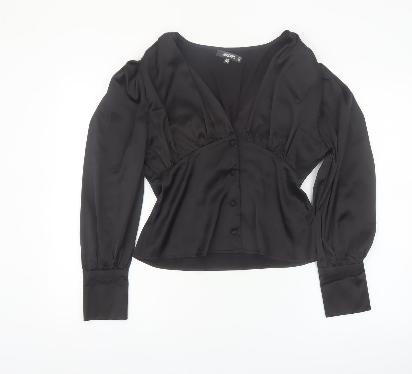 Missguided Women's Black Satin Wrap Blouse UK 10 Long Sleeve