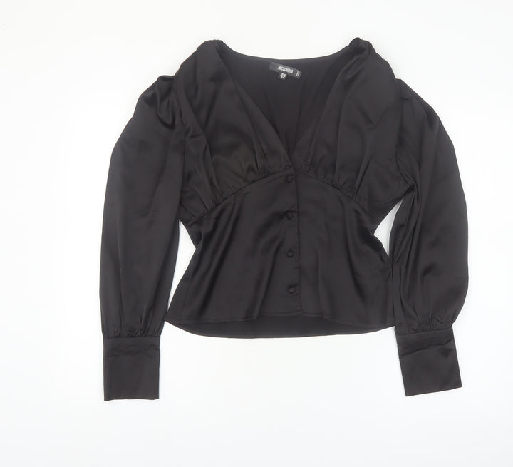 Missguided Women's Black Satin Wrap Blouse UK 10 Long Sleeve