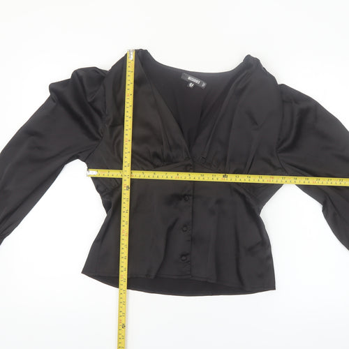 Missguided Women's Black Satin Wrap Blouse UK 10 Long Sleeve