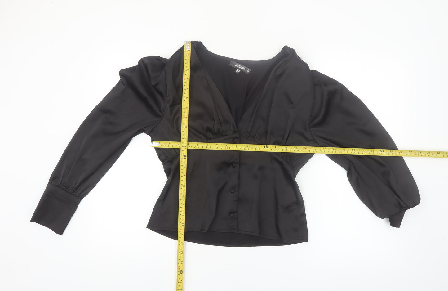 Missguided Women's Black Satin Wrap Blouse UK 10 Long Sleeve