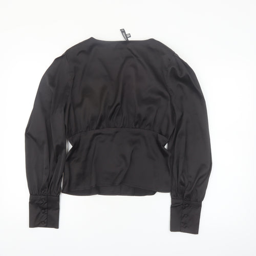 Missguided Women's Black Satin Wrap Blouse UK 10 Long Sleeve