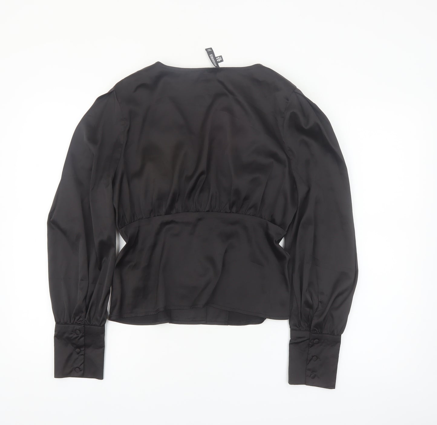 Missguided Women's Black Satin Wrap Blouse UK 10 Long Sleeve