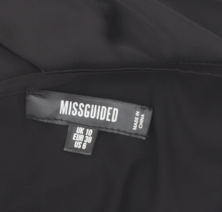 Missguided Women's Black Satin Wrap Blouse UK 10 Long Sleeve