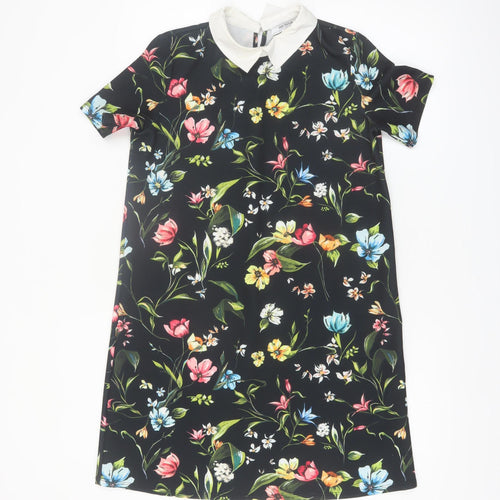 Zara Women Black Floral Collared Shift Dress Size 8