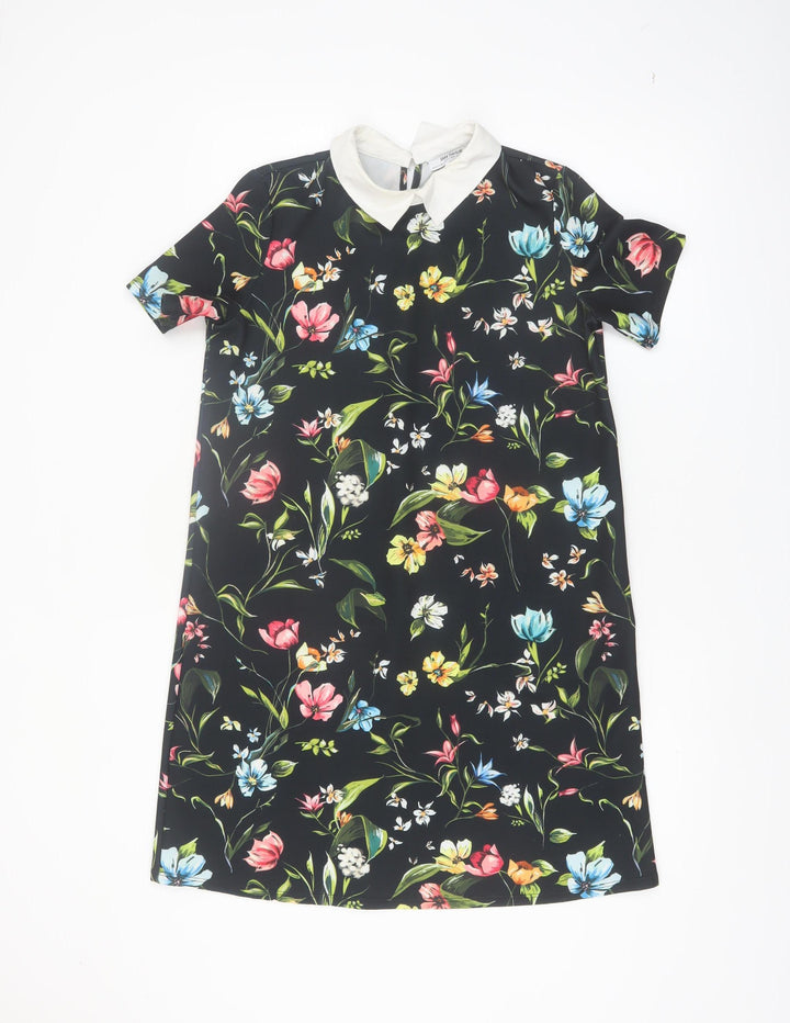 Zara Women Black Floral Collared Shift Dress Size 8