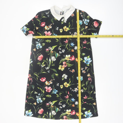 Zara Women Black Floral Collared Shift Dress Size 8