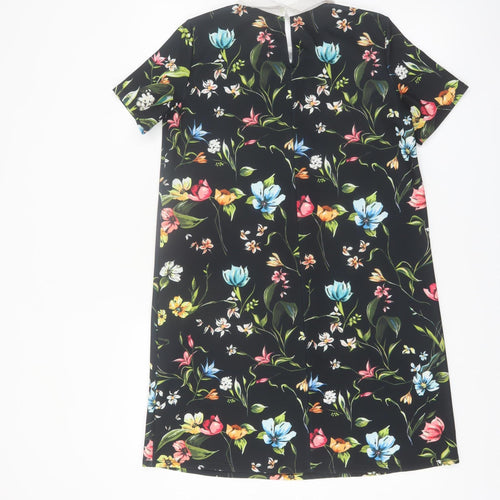 Zara Women Black Floral Collared Shift Dress Size 8