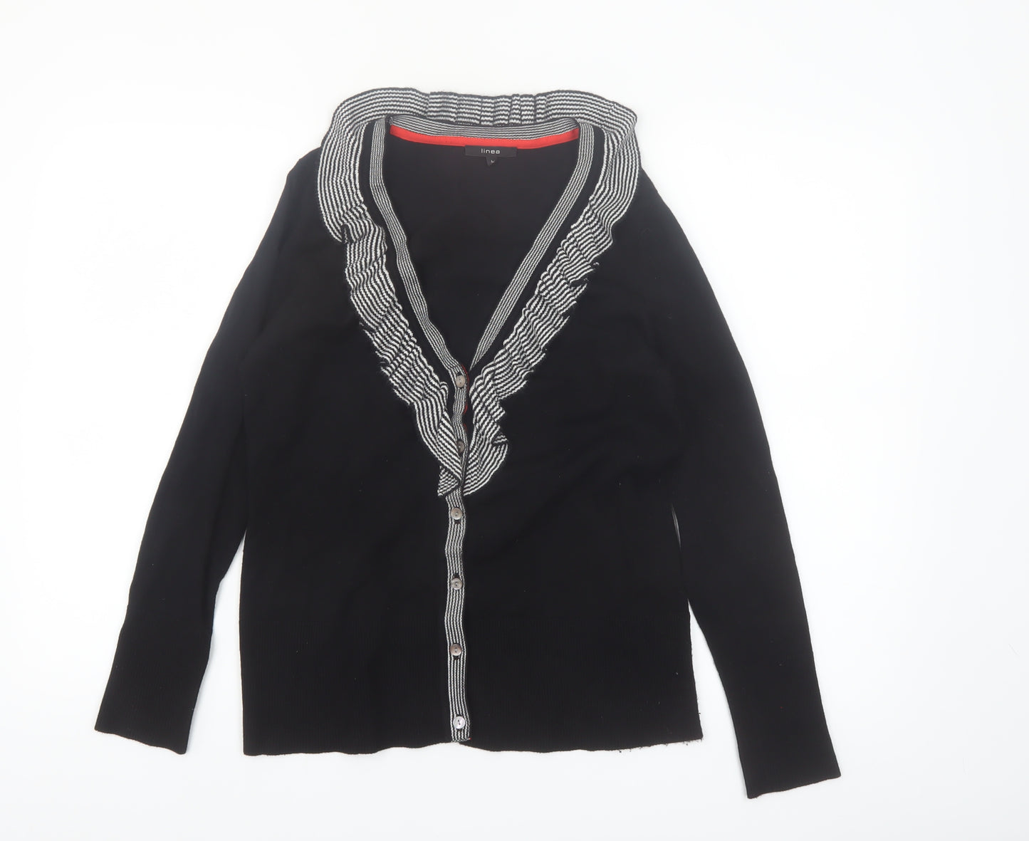 Linea Women's Black Ruffle Trim V-Neck Cardigan Size L