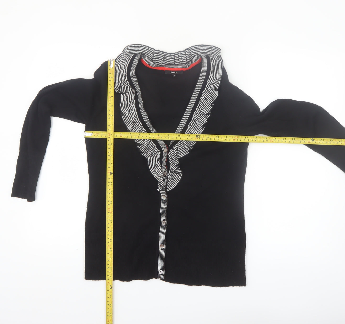 Linea Women's Black Ruffle Trim V-Neck Cardigan Size L