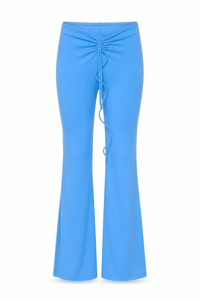 Front view of Bershka Women’s Blue Flared Stretch Jersey Trousers, size M