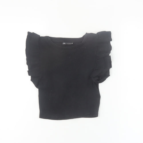 Zara Women Black Cropped Ruffle Sleeve T-Shirt Size S