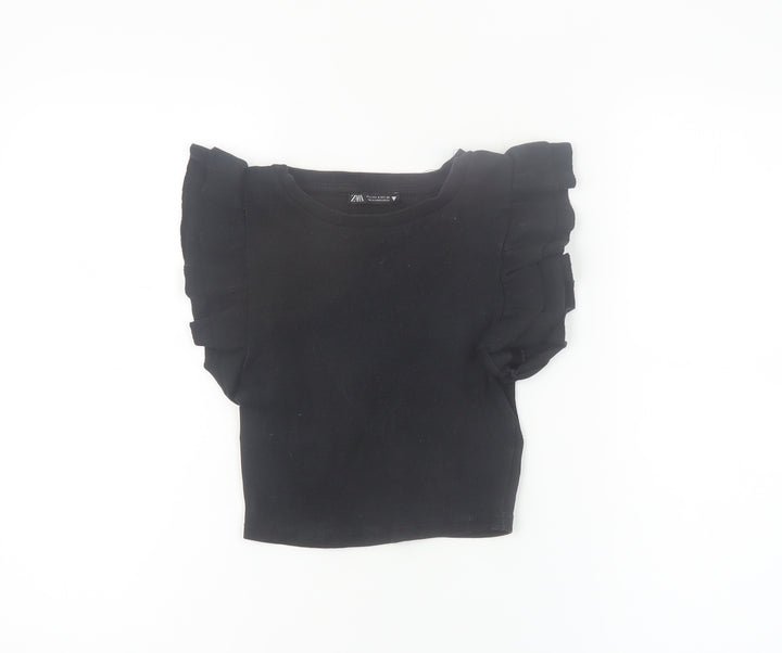 Zara Women Black Cropped Ruffle Sleeve T-Shirt Size S