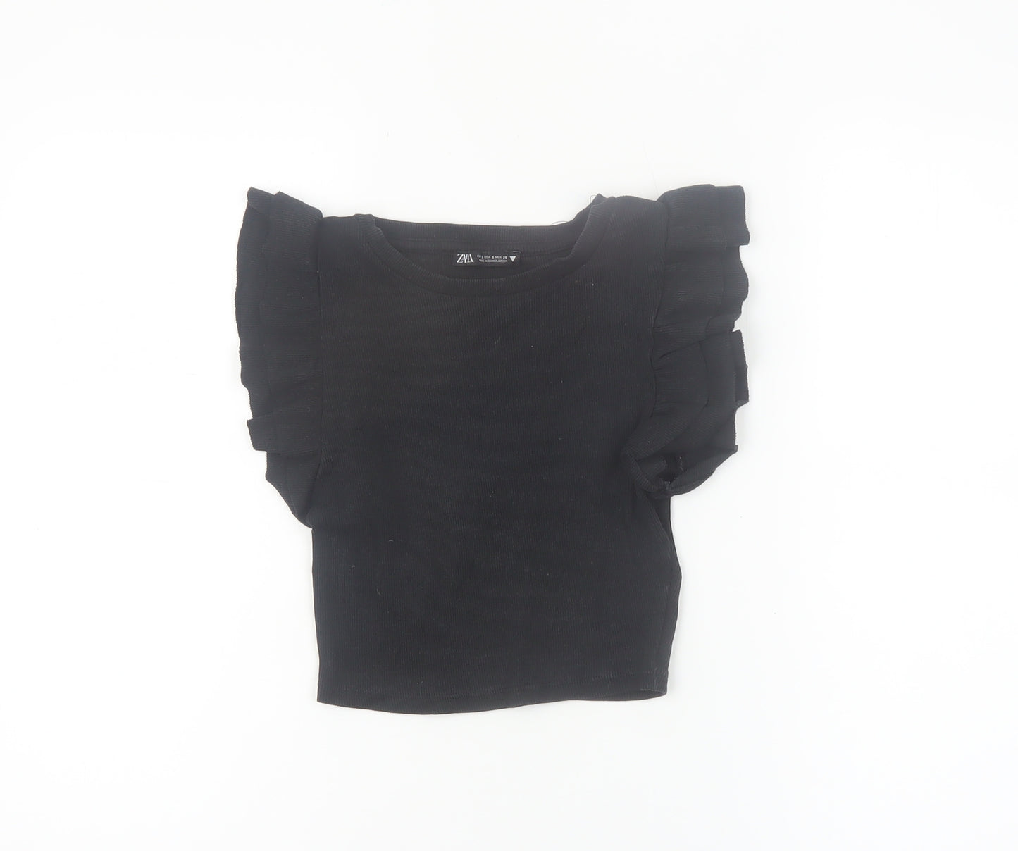 Zara Women Black Cropped Ruffle Sleeve T-Shirt Size S