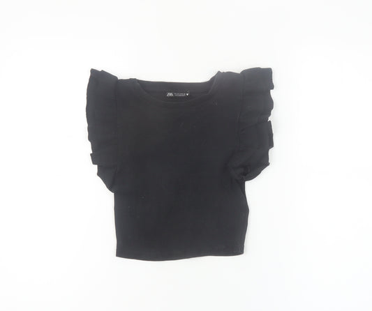 Zara Women Black Cropped Ruffle Sleeve T-Shirt Size S