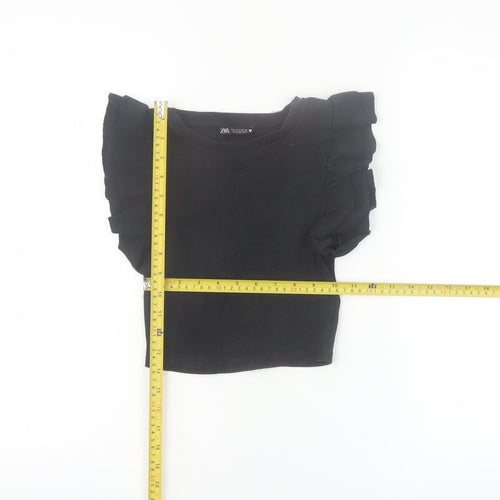 Zara Women Black Cropped Ruffle Sleeve T-Shirt Size S
