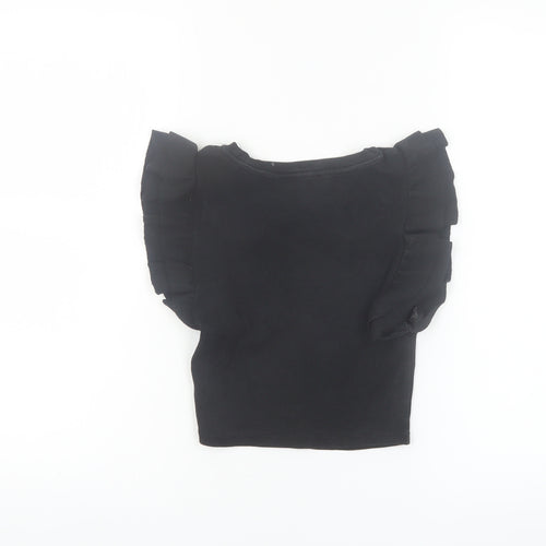 Zara Women Black Cropped Ruffle Sleeve T-Shirt Size S