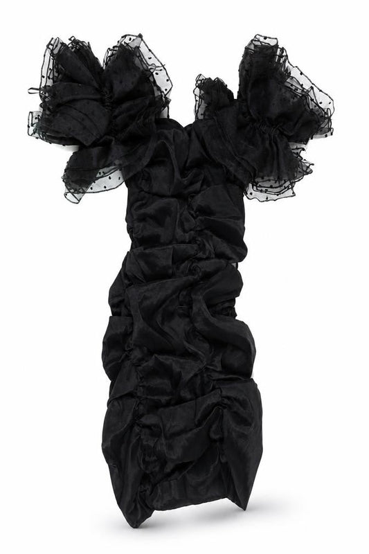 Front view of Bershka Women's Black Off Shoulder Puff Sleeve Bodycon Mini Dress, size 8