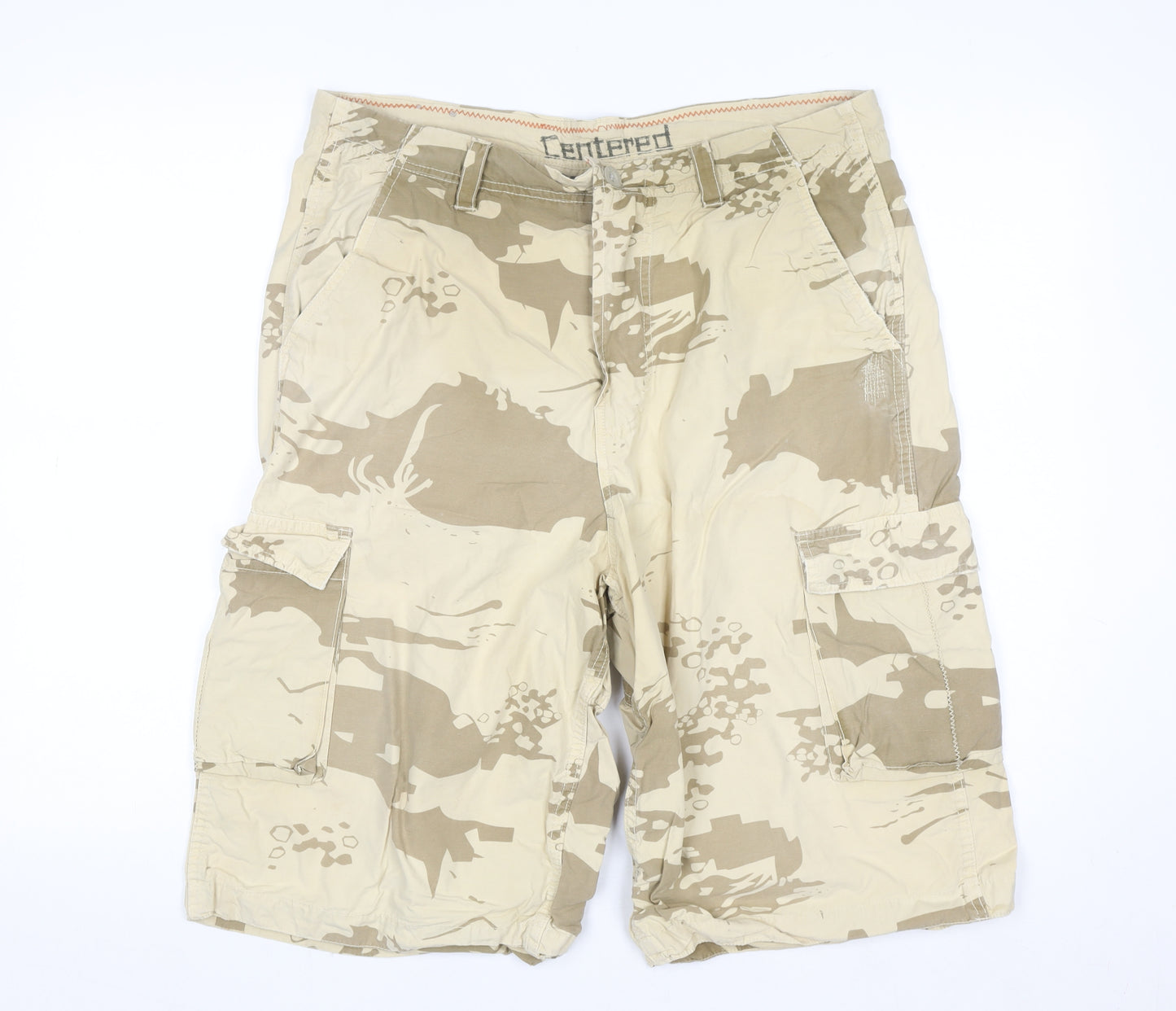 Centered Mens Beige Camouflage Cargo Shorts Size 36 Cotton
