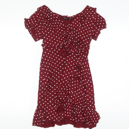 Boohoo Women's Red Polka Dot Wrap Dress Size 10 Short Sleeve V-Neck Ruffle