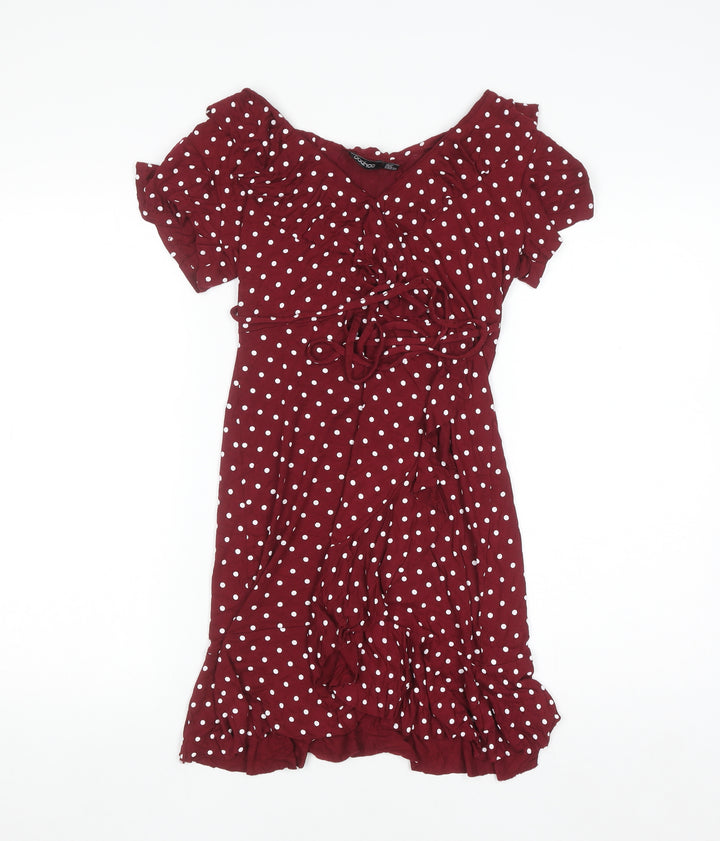 Boohoo Women's Red Polka Dot Wrap Dress Size 10 Short Sleeve V-Neck Ruffle