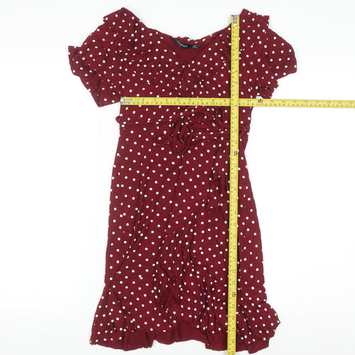 Boohoo Women's Red Polka Dot Wrap Dress Size 10 Short Sleeve V-Neck Ruffle