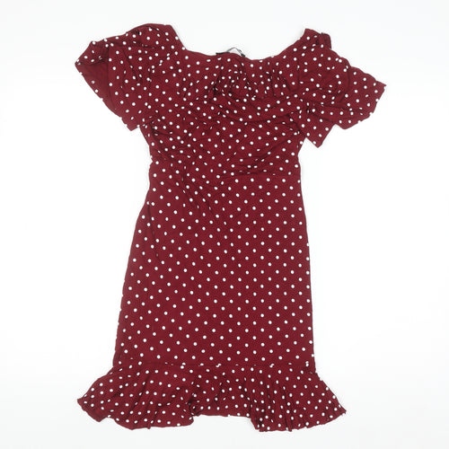 Boohoo Women's Red Polka Dot Wrap Dress Size 10 Short Sleeve V-Neck Ruffle