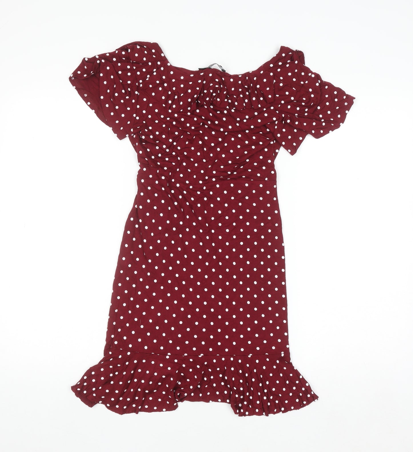 Boohoo Women's Red Polka Dot Wrap Dress Size 10 Short Sleeve V-Neck Ruffle