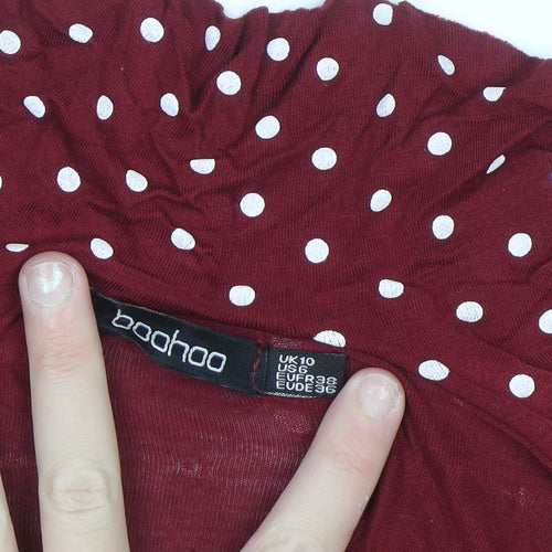 Boohoo Women's Red Polka Dot Wrap Dress Size 10 Short Sleeve V-Neck Ruffle