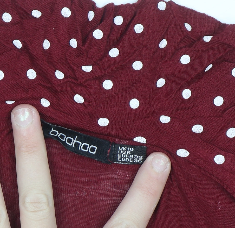 Boohoo Women's Red Polka Dot Wrap Dress Size 10 Short Sleeve V-Neck Ruffle