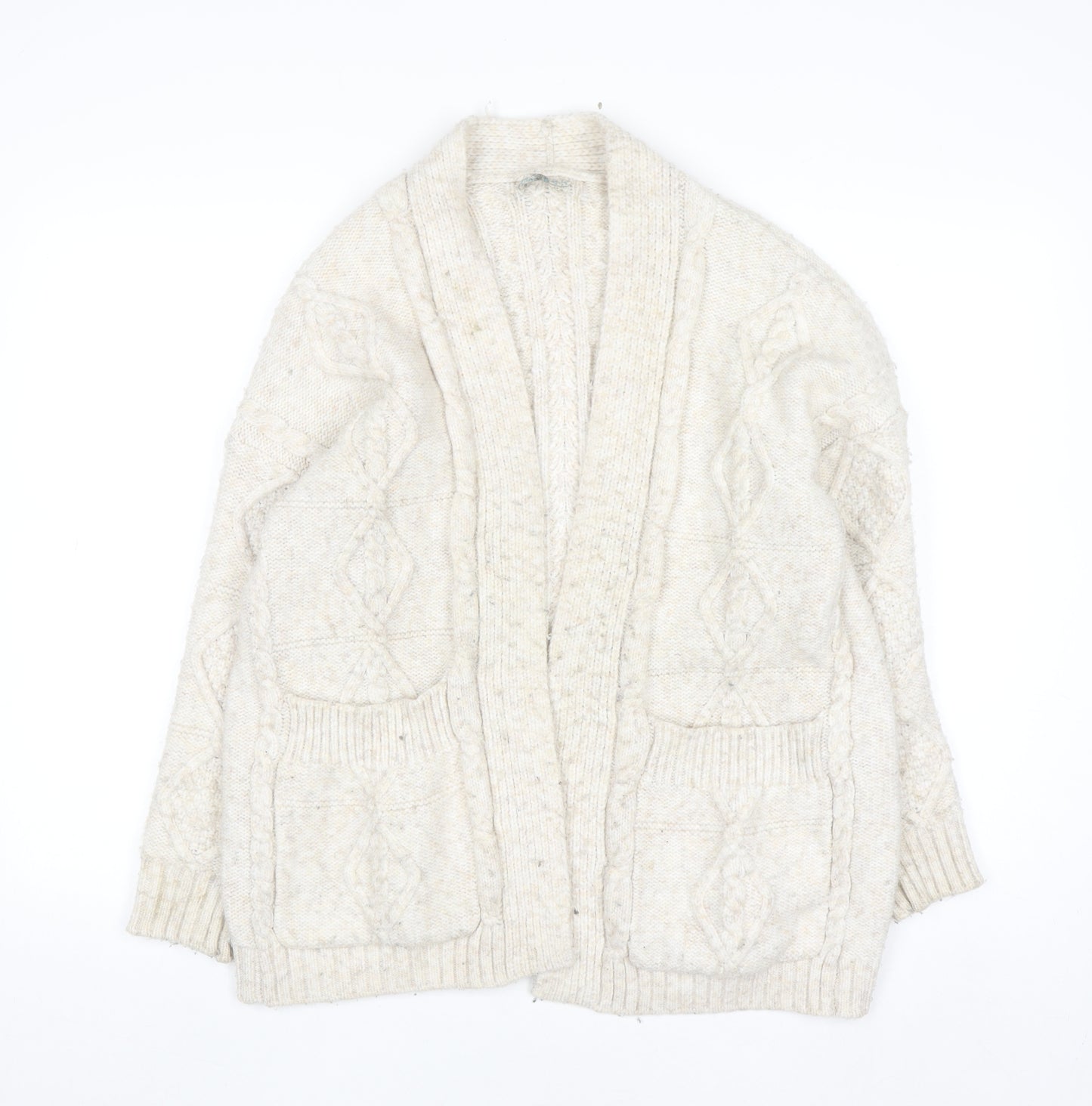 Primark Women Ivory Chunky Knit Cardigan M Cable-Knit Wool Blend