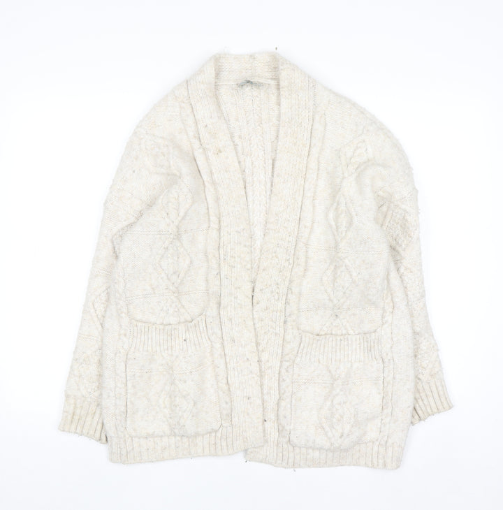 Primark Women Ivory Chunky Knit Cardigan M Cable-Knit Wool Blend