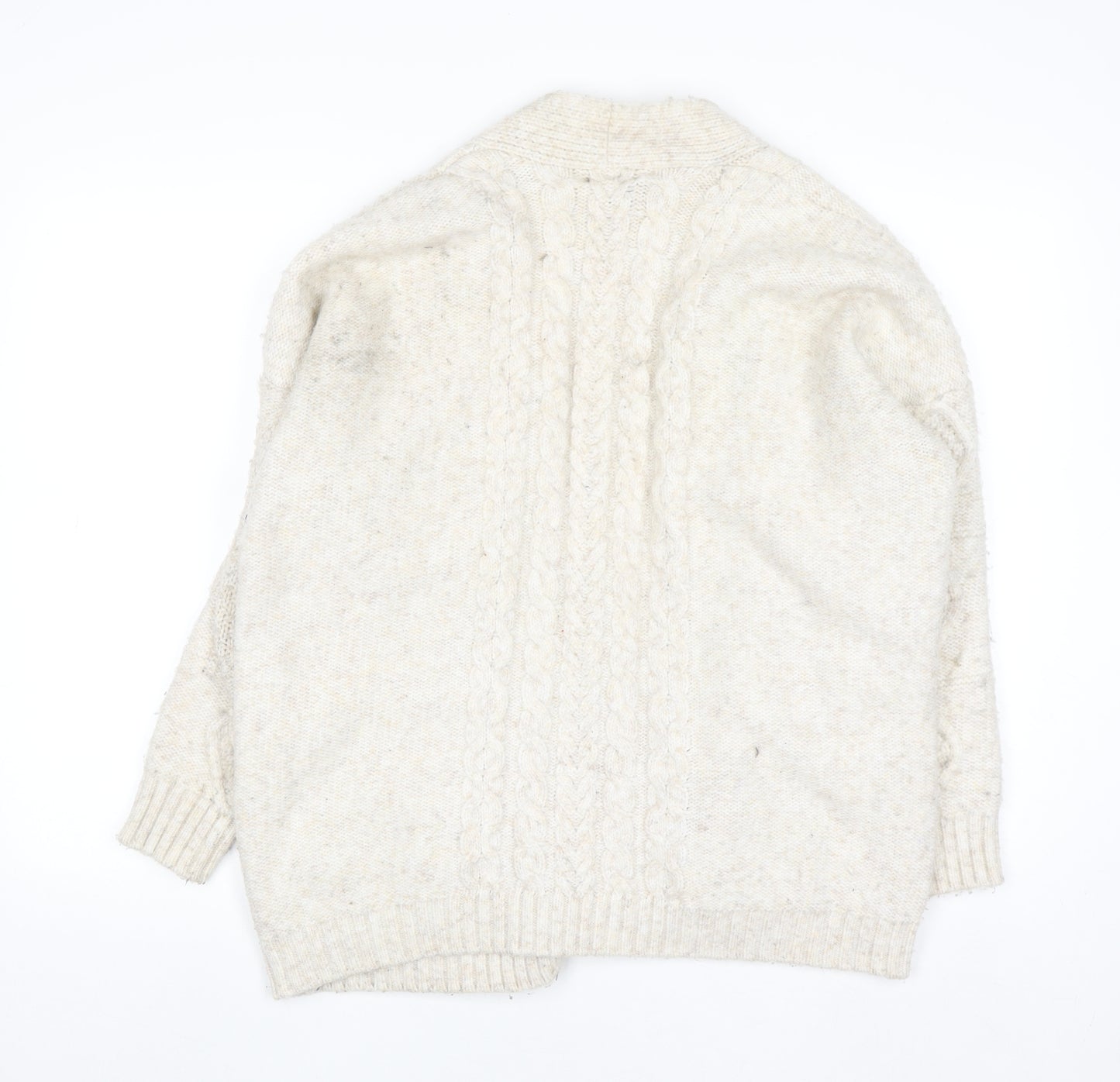 Primark Women Ivory Chunky Knit Cardigan M Cable-Knit Wool Blend